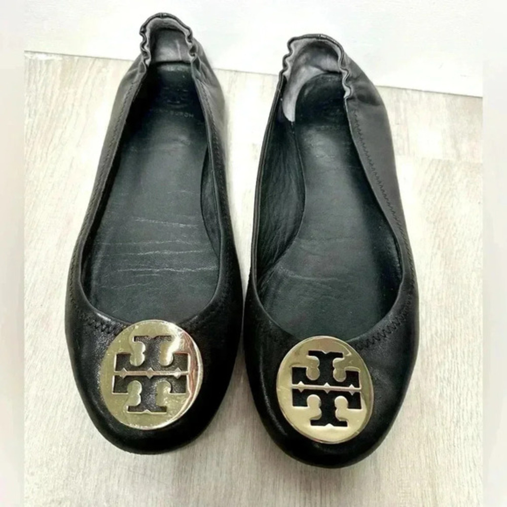 Tory Burch Black‎ Leather Reva Ballet Flats Slip On Logo Size 8.5